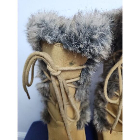 L.L. Bean Women Tan Brown Suede w/Faux Fur Waterproof Tall Lace Up Boots sz 8.5 - Picture 3 of 11
